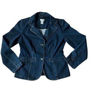 LL Bean Denim Jacket Women 10 Dark Wash Fitted Button Down Lapel Collar Pockets